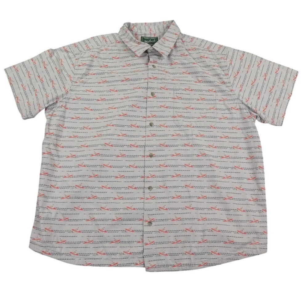 Woolrich Kayak Print Shirt‎ Men XXL Grey Short Sleeve AOP Ripstop Button Up Camp